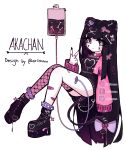  1girl absurdres aka_(ariimaw) anklet ariimaw artist_name asymmetrical_legwear bandaid bandaid_on_finger bandaid_on_hand bandaid_on_leg black_hair black_nails black_shirt black_shoes black_skirt blood blood_bag blush bone_hair_ornament bow cardigan cat_tail collar cone_hair_bun cross cross_hair_ornament cross_tattoo double_bun facial_tattoo fishnet_thighhighs fishnets full_body grey_hair hair_bun hair_ornament heart highres jewelry knees_up long_eyelashes long_hair looking_at_viewer nail_polish o-ring_collar open_cardigan open_clothes original pink_cardigan pink_collar platform_shoes shirt shoes single_thighhigh skirt spiked_anklet spikes tail tail_bow tail_ornament tattoo thick_eyelashes thighhighs v very_long_hair watermark white_background x_hair_ornament 
