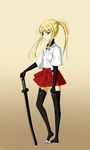  1girl alternate_hairstyle black_legwear blonde_hair japanese_clothes long_hair looking_at_viewer miko nontraditional_miko perrine_h_clostermann ponytail simple_background skirt solo strike_witches sword thighhighs weapon yellow_eyes zettai_ryouiki 