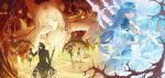  2boys 3girls ahoge animal_ear_fluff animal_ears blue_eyes blue_hair breasts closed_mouth colored_eyelashes commentary dress dual_persona english_commentary female_rover_(wuthering_waves) fiery_horns forehead_tattoo fox_ears fox_girl hair_intakes hair_ornament hair_stick hand_up highres holding holding_lantern holding_sword holding_weapon horns hsin_(illumining_form)_(wuthering_waves) hsin_(wuthering_waves) jingran_(wuthering_waves) lantern large_breasts long_hair looking_at_viewer male_rover_(wuthering_waves) multiple_boys multiple_girls qingxiao_(wuthering_waves) rakizuuu rover_(wuthering_waves) split_theme sword sword_fingers tattoo v-shaped_eyebrows weapon white_dress white_eyelashes wuthering_waves yellow_eyes 