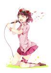  :d ^_^ amami_haruka bad_id bad_pixiv_id bracelet brown_hair closed_eyes flower hair_flower hair_ornament holding idolmaster idolmaster_(classic) jewelry kneeling microphone open_mouth petals pun2 skirt smile solo 