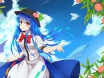  bad_id bad_pixiv_id blue_hair bow cloud day food fruit furapechi highres hinanawi_tenshi leaf long_hair long_skirt peach pink_eyes plant short_sleeves skirt sky smile solo touhou very_long_hair 