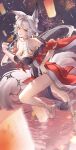 1girl absurdres aerial_fireworks animal_ear_fluff animal_ears bare_shoulders barefoot black_dress breasts chest_tattoo chinese_commentary cleavage commentary_request dress fireworks food forehead_tattoo fox_ears fox_girl fox_tail hair_ornament highres holding holding_food hsin_(wuthering_waves) jimizuai- lantern large_breasts long_hair looking_at_viewer nail_polish orange_eyes paper_lantern parted_lips smile solo tail tattoo toenail_polish toenails white_hair wuthering_waves 
