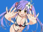  :d bikini blue_background blush breasts brown_eyes cleavage fingernails flower hair_flower hair_ornament hands highres large_breasts long_fingernails long_hair looking_at_viewer mahan maou_no_kuse_ni_namaiki_da! meishao_shii_kaoryanchuu navel open_mouth outstretched_arms purple_hair shiny shiny_skin simple_background smile solo swimsuit thigh_gap twintails 