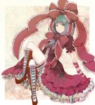  aqua_eyes arm_ribbon boots bow cross-laced_footwear crossed_legs dress frilled_dress frills front_ponytail green_hair hair_bow hair_ornament hair_ribbon kagiyama_hina konko long_hair ribbon sitting solo touhou 