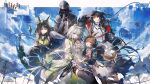  1other 4girls ahoge ambiguous_gender ame_jang amiya_(arknights) amiya_(medic)_(arknights) animal_ear_fluff animal_ears anniversary arknights ascot bare_shoulders black_choker black_coat black_hair blue_eyes blue_sky breasts brown_hair cat_ears cat_girl chinese_commentary choker civilight_eterna_(arknights) closure_(arknights) cloud coat commentary_request copyright_logo copyright_notice crystal_horns crystal_tail daisy_(flower) doctor_(arknights) dress duplicate ears_through_headwear floating_hair flower frilled_ascot frills green_dress green_eyes green_streaks grey_hair highres hood hood_down hood_up hooded_coat hooded_jacket horns huge_ahoge imminent_hug jacket jellyfish_cut jewelry kal'tsit_(arknights) kal'tsit_esperanta_(arknights) logo long_hair material_growth medium_breasts mon3tr_(arknights) multicolored_hair multiple_girls multiple_rings off-shoulder_dress off_shoulder official_alternate_hairstyle official_art open_clothes open_coat open_jacket oripathy_lesion_(arknights) pointy_ears rabbit_ears rabbit_girl red_eyes rhodes_island_logo_(arknights) rhodes_island_uniform ring ring_on_every_finger shirt sidelocks sky sleeves_past_fingers sleeves_past_wrists star_of_life streaked_hair tail two-sided_fabric two-sided_jacket two_side_up white_ascot white_dress white_flower white_shirt 