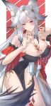  1girl absurdres animal_ear_fluff animal_ears arm_up bare_shoulders black_dress blush border breasts chest_tattoo cleavage closed_mouth commentary_request dress forehead_tattoo fox_ears fox_girl fox_tail hair_ornament hand_up highres hsin_(wuthering_waves) index_finger_raised itsukano1582 large_breasts leaning_forward long_hair looking_at_viewer orange_eyes pillarboxed red_background smile solo tail tattoo white_border white_hair wuthering_waves 