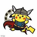  :3 ambiguous_gender animated belt bins bipedal black_pants blue_shirt blush blush_stickers cape chibi cosplay cute feral full-length_portrait helmet nintendo open_smile pikachu pok&#233;mon pok&eacute;mon solo thor thor_(deity) video_games walking yellow_skin 