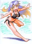  :d barefoot bikini black_bikini blonde_hair breasts cleavage feet full_body gradient_hair hijiri_byakuren kawachi_koorogi large_breasts multicolored_hair open_mouth outstretched_arms purple_hair side-tie_bikini simple_background sketch smile solo spread_arms standing standing_on_one_leg swimsuit touhou traditional_media yellow_eyes 