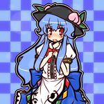  blue_hair blush bow checkered checkered_background collarbone eruru_(erl) food frills fruit hat hinanawi_tenshi leaf long_hair long_skirt open_mouth peach red_eyes short_sleeves skirt solo tears touhou very_long_hair 