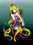  absurdres bad_id bad_pixiv_id chair collar crown full_body green_eyes green_hair hatsune_miku headphones high_heels highres long_hair looking_at_viewer multicolored_hair shoes sitting skirt smile solo temari_(deae) thighhighs twintails two-tone_hair very_long_hair vocaloid yellow_legwear 