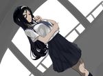  dutch_angle finger_to_mouth hair_between_eyes hyouka indoors irisu_fuyumi long_hair looking_at_viewer school school_uniform serafuku skirt smile solo tagaya6592 