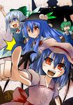  bat_wings blue_eyes blue_hair bow cirno collarbone daiyousei fairy fairy_wings food fruit green_hair hair_bow hat highres hinanawi_tenshi hisou_tensoku ice ice_wings leaf long_hair multiple_girls open_mouth peach pointing red_eyes remilia_scarlet robot short_hair short_sleeves touhou wings zabrou 