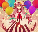  balloon bespectacled book capelet crescent dress earrings glasses hair_ribbon hat jewelry long_hair long_sleeves neckerchief neko-san_(dim.dream) patchouli_knowledge purple_eyes purple_hair ribbon solo striped striped_dress touhou wide_sleeves 