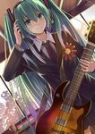  aqua_eyes artist_name cup dated green_hair guitar hatsune_miku headphones highres holding instrument jojofon long_hair solo twintails vocaloid window 
