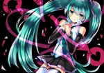  ? detached_sleeves green_eyes green_hair hair_ribbon hands_on_own_chest hatsune_miku heart long_hair necktie ribbon ruchiru skirt solo thighhighs twintails very_long_hair vocaloid 