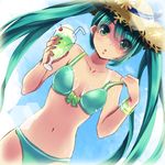  bikini bracelet cloud day drink dutch_angle earrings food glass green_eyes green_hair hat hatsune_miku ice_cream ice_cream_float jewelry long_hair melon_soda navel ruchiru sky solo sparkle straw_hat sun_hat swimsuit tan tanline twintails very_long_hair vocaloid 