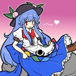  blue_hair blush bow cross-laced_footwear eruru_(erl) food fruit hat heart highres hinanawi_tenshi leaf long_hair long_skirt open_mouth peach red_eyes rock short_sleeves simple_background skirt solo touhou very_long_hair 