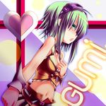  ahoge ayami-0 character_name goggles goggles_on_head green_eyes green_hair gumi heart highres looking_at_viewer open_mouth profile short_hair solo vocaloid 