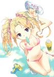  bikini blonde_hair blue_eyes bottle breasts food hair_ribbon heart holding kantaro medium_breasts mouth_hold original popsicle ribbon shoes_removed solo swimsuit twintails water_gun 
