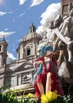  aqua_eyes aqua_hair bird building cloud day dress flower fontana_dei_quattro_fiumi grass gyicarus hatsune_miku highres instrument italy lens_flare long_hair piazza_navona rome sant'agnese_in_agone sculpture sitting sky solo twintails very_long_hair violin vocaloid 