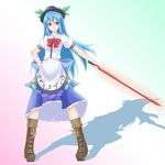  alternate_breast_size bad_id bad_pixiv_id blue_hair blush bow cross-laced_footwear food fruit hat hinanawi_tenshi leaf long_hair peach red_eyes rock_(4koma) short_sleeves simple_background solo sword sword_of_hisou touhou very_long_hair weapon 