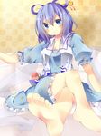  bad_feet bad_id bad_pixiv_id barefoot blue_eyes blue_hair blush breasts crossed_legs feet flower foreshortening hair_ornament hair_rings hair_stick highres kaku_seiga medium_breasts pov_feet short_sleeves sitting smile soles solo tamagogayu1998 touhou 