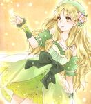  atelier_(series) atelier_ayesha ayesha_altugle bad_id bad_pixiv_id blonde_hair bow detached_sleeves flower fuuka_(fukasheu) green_skirt hair_flower hair_ornament hat long_hair necota116 ribbon sidelocks skirt solo yellow_background yellow_eyes 