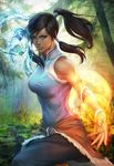  avatar_(series) bare_shoulders blue_eyes brown_hair dark_skin duplicate element_bending eyelashes fingernails fire hair_tubes korra lips long_hair ponytail revision signature solo stanley_lau the_legend_of_korra topknot tree vambraces water 