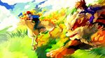  arcanine baseball_cap black_hair brown_eyes brown_hair cloud commentary creature day denim fangs fiery_hair fiery_tail gen_1_pokemon hat highres horn horse jeans long_sleeves male_focus multiple_boys nature ookido_shigeru open_mouth outdoors pants pokemon pokemon_(anime) pokemon_(creature) racing rapidash running sa-dui satoshi_(pokemon) shoes short_sleeves tail 