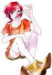  collarbone food hair_ornament hairclip hino_akane_(smile_precure!) hot orange_shirt popsicle precure red_eyes red_hair shirt short_shorts short_sleeves shorts simple_background sitting smile_precure! solo sweat thighhighs tima white_legwear 