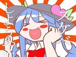  &gt;_&lt; blue_hair blush_stickers bow closed_eyes fang food fruit hat hinanawi_tenshi leaf long_hair open_mouth peach ramutaizumu solo touhou very_long_hair 