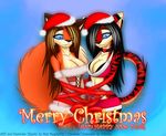  blue_eyes canine cassandra_(tailsrulz) cherry_(macmegagerc) christmas clothed clothing duo feline female fox holidays macmegagerc mammal ribbons simple_background skimpy tiger xmas 