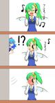  2girls 3koma :3 blue_dress blue_hair blush bow cato_(monocatienus) cirno closed_eyes comic daiyousei dress embarrassed fairy_wings full-face_blush green_eyes green_hair hair_bow hair_ribbon hands_on_headphones headphones highres long_sleeves looking_at_another lyrics motion_lines multiple_girls music musical_note peeking_out puffy_sleeves ribbon shaded_face short_sleeves side_ponytail singing touhou translated trembling truth wavy_mouth wings 