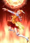  arm_up bike_shorts choker cure_sunny fire hair_bun hino_akane_(smile_precure!) impending_spike jumping looking_up magical_girl orange_(color) orange_eyes orange_hair orange_skirt precure red_shorts short_hair shorts shorts_under_skirt skirt smile smile_precure! solo takebi thighhighs tiara 