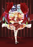  blonde_hair bow capelet crystal curtains flandre_scarlet frills hair_bow hat kelu. long_sleeves mary_janes red_eyes ribbon shoes short_hair side_ponytail smile solo thigh_ribbon touhou window wings 