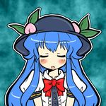  blue_hair blush bow closed_eyes collarbone eruru_(erl) food fruit hat hinanawi_tenshi leaf long_hair open_mouth peach short_sleeves solo touhou very_long_hair 