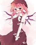  animal_ears bad_id bad_pixiv_id blush breasts brooch brown_dress dress earrings fang fuuen_(akagaminanoka) hand_on_own_chest hat highres jewelry medium_breasts mystia_lorelei open_mouth pink_hair purple_eyes shirt short_hair solo touhou wavy_mouth wings 