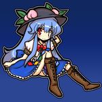  blue_hair blush bow cross-laced_footwear eruru_(erl) food fruit hat hinanawi_tenshi leaf long_hair peach red_eyes short_sleeves smile solo touhou very_long_hair 