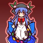  blue_hair blush bow eruru_(erl) food fruit hat hinanawi_tenshi leaf long_hair long_skirt peach red_eyes short_sleeves skirt smile solo touhou very_long_hair 