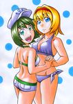  :d alice_margatroid aqua_eyes back bikini blonde_hair blue_eyes green_hair hairband hat holding_hands kawachi_koorogi looking_back multiple_girls murasa_minamitsu open_mouth polka_dot polka_dot_background sailor_hat short_shorts shorts side-tie_bikini smile swimsuit touhou traditional_media 