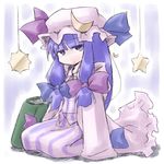  blue_hair crescent hat kugelschreiber long_hair looking_at_viewer patchouli_knowledge purple_eyes sitting solo star touhou 