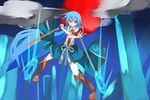  adapted_costume blue_hair cloud cross-laced_footwear dual_wielding highres hinanawi_tenshi holding long_hair moon necktie red_eyes red_moon short_sleeves smile solo soudayu sword_of_hisou touhou very_long_hair 