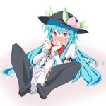  bad_id bad_pixiv_id bdsm blue_hair blush bondage bound bow cuffs food fruit gradient_eyes handcuffs hat highres hinanawi_tenshi leaf long_hair multicolored multicolored_eyes pantyhose peach short_sleeves simple_background solo tears touhou very_long_hair 