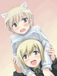  animal_ears blonde_hair blue_eyes blush brave_witches breast_rest breasts breasts_on_head dutch_angle embarrassed erica_hartmann ferret_ears gradient gradient_background hi-ho- medium_breasts multiple_girls nikka_edvardine_katajainen open_mouth prank short_hair smile strike_witches striped striped_sweater sweater vertical_stripes world_witches_series 