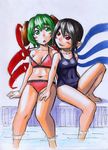  animal_ears asymmetrical_wings barefoot bikini bikini_pull black_hair blush green_eyes green_hair hand_on_thigh houjuu_nue kasodani_kyouko kawachi_koorogi multiple_girls navel one-piece_swimsuit pointy_ears pulled_by_another red_eyes school_swimsuit sitting sketch smile soaking_feet swimsuit touhou traditional_media water wings yuri 