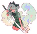  grey_hair hairband katana konpaku_youmu one_eye_closed short_hair simple_background sketch skirt solo sword touhou weapon white_background yuji_(masterpiece) 