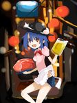  alcohol alternate_costume alternate_hair_length alternate_hairstyle apron bad_id bad_pixiv_id beer blue_hair blush bow brown_eyes food fruit ham hat hinanawi_tenshi leaf meat open_mouth peach short_hair short_sleeves shorts solo tetsurou_(fe+) touhou 