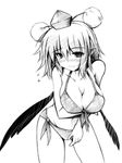  ai_takurou bare_shoulders bikini blush breasts cleavage embarrassed greyscale hanging_breasts hat large_breasts leaning_forward looking_at_viewer monochrome pointy_ears shameimaru_aya short_hair solo swimsuit tokin_hat touhou wings 