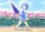  blue_eyes blue_hair closed_umbrella flower geta heterochromia kawachi_koorogi purple_umbrella red_eyes short_hair skirt smile solo tatara_kogasa touhou traditional_media umbrella walking 