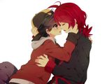  backwards_hat bad_id bad_pixiv_id baseball_cap black_hair blush closed_eyes gold_(pokemon) hat hood hoodie imminent_kiss long_sleeves male_focus multiple_boys nicole_(usako) pokemon pokemon_(game) pokemon_hgss red_hair silver_(pokemon) yaoi yellow_eyes 